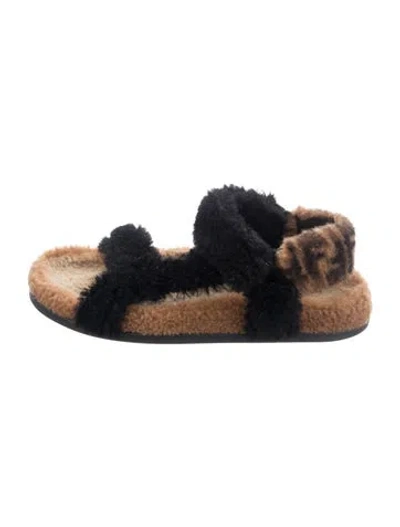 Pre-owned Fendi Zucca Ff Logo Shearling Slides In Black