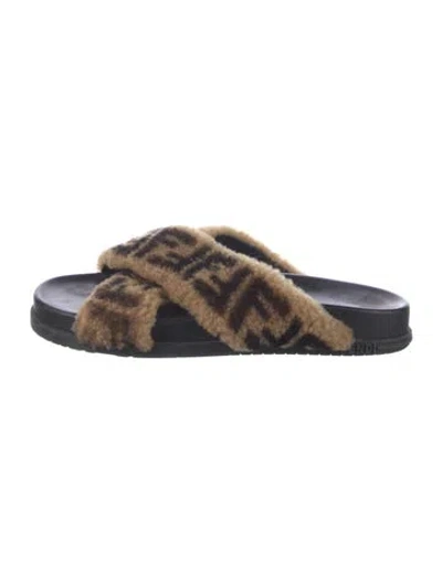 Pre-owned Fendi Zucca Ff Logo Shearling Slides In Brown