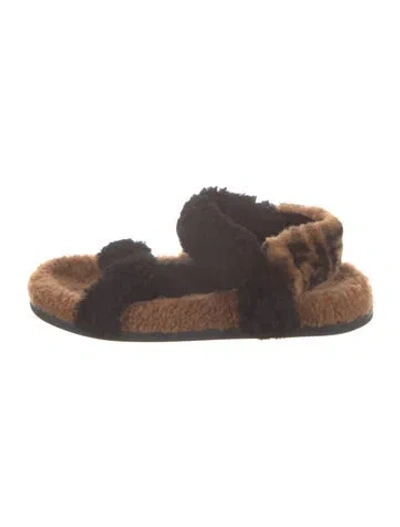 Pre-owned Fendi Zucca Ff Logo Shearling Slides In Brown