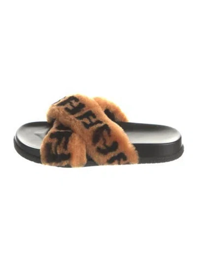 Pre-owned Fendi Zucca Ff Logo Shearling Slides In Brown