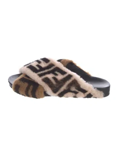 Pre-owned Fendi Zucca Ff Logo Shearling Slides In Pink