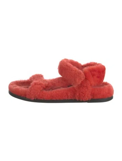 Pre-owned Fendi Zucca Ff Logo Shearling Slides In Red