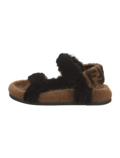 Pre-owned Fendi Zucca Ff Logo Shearling Slingback Sandals In Black