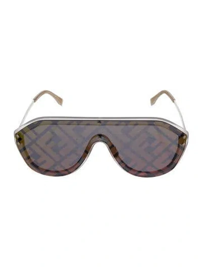 Pre-owned Fendi Zucca Ff Logo Shield Sunglasses In White