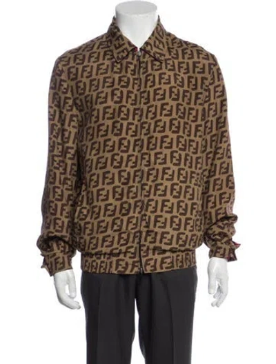 Pre-owned Fendi Zucca Ff Logo Silk Bomber Jacket In Brown