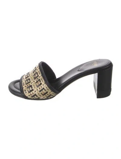 Pre-owned Fendi Zucca Ff Logo Straw Slides In Black