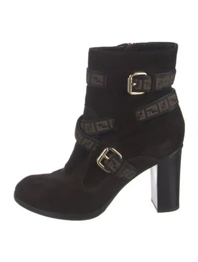 Pre-owned Fendi Zucca Ff Logo Suede Boots In Black