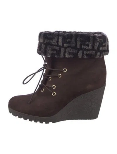 Pre-owned Fendi Zucca Ff Logo Suede Lace-up Boots In Brown
