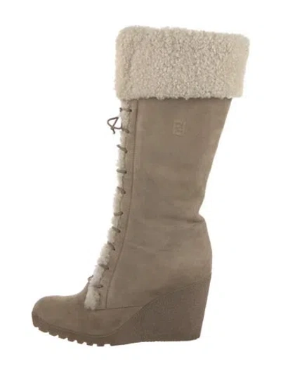 Pre-owned Fendi Zucca Ff Logo Suede Lace-up Boots In Neutral