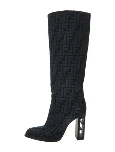 Pre-owned Fendi Zucca Ff Logo Velvet Boots In Blue