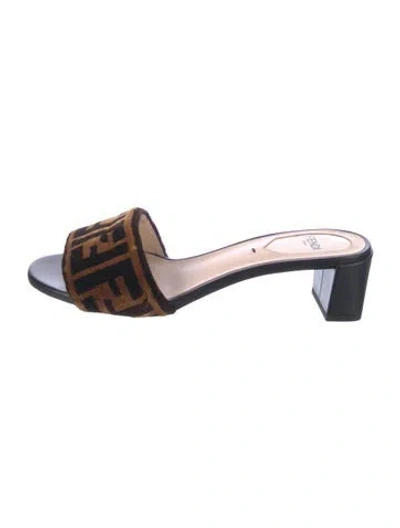 Pre-owned Fendi Zucca Ff Logo Velvet Slides In Black