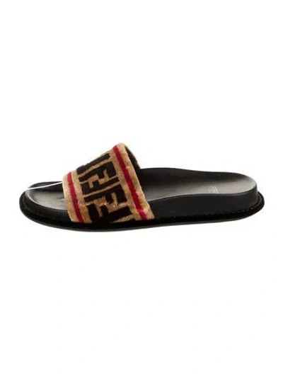 Pre-owned Fendi Zucca Ff Logo Velvet Slides In Black