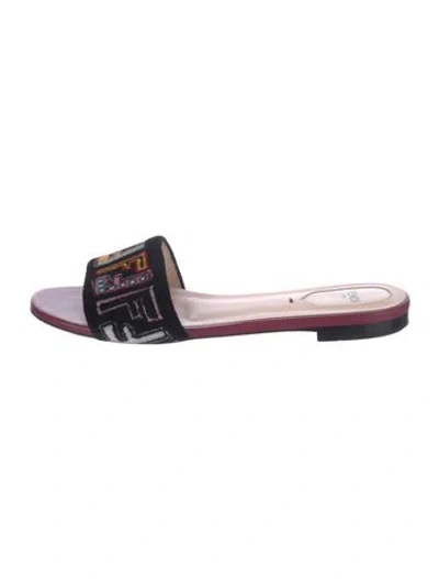 Pre-owned Fendi Zucca Ff Logo Velvet Slides In Black