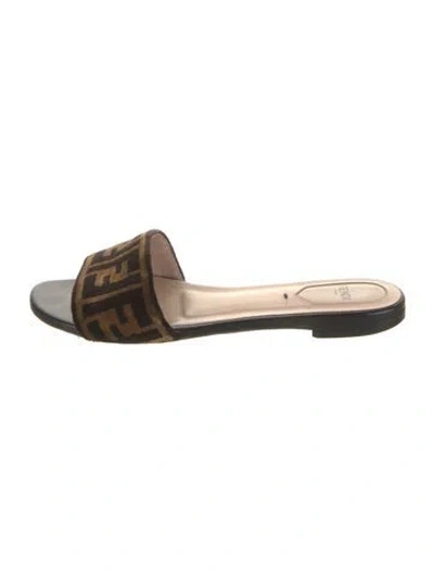 Pre-owned Fendi Zucca Ff Logo Velvet Slides In Brown