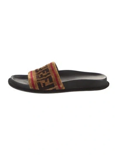 Pre-owned Fendi Zucca Ff Logo Velvet Slides In Brown