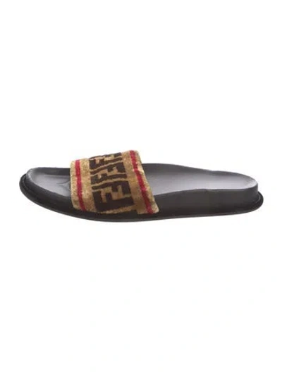 Pre-owned Fendi Zucca Ff Logo Velvet Slides In Neutral