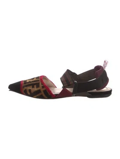 Pre-owned Fendi Zucca Ff Logo Velvet Slingback Flats In Brown