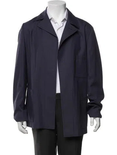 Pre-owned Fendi Zucca Ff Logo Virgin Wool Overcoat In Blue