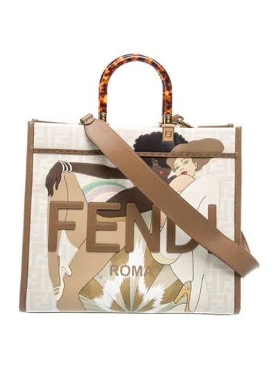 Pre-owned Fendi Zucca Ff Sunshine Shopper Tote Featuring A "bikini Girls" Graphic Print Medium In Neutral