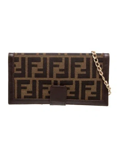 Pre-owned Fendi Zucca Ff Zucca Monogram Wallet With Chain Mini In Brown