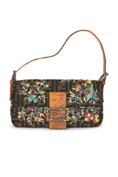 Pre-owned Fendi Zucca Floral Embroidered Baguette Shoulder Bag In Brown