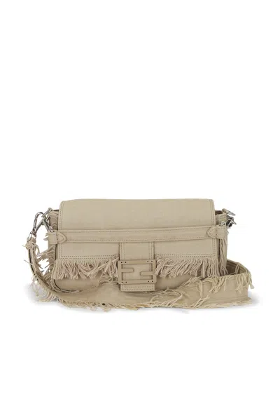 Pre-owned Fendi Zucca Fringe Baguette Shoulder Bag In Beige
