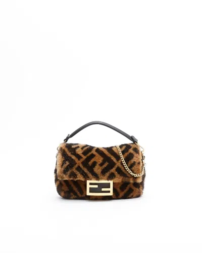 Fendi Zucca Fur Baguette Bag In Brown