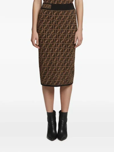 Pre-owned Fendi Zucca Jacquard Midi Skirt In Brown