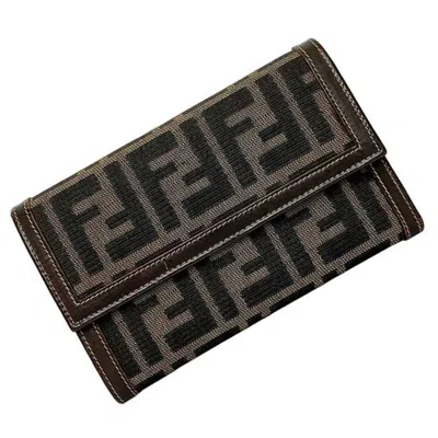 Pre-owned Fendi Zucca Khaki Brown Canvas Leather Wallet (tri-fold) ()