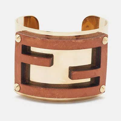 Pre-owned Fendi Zucca Leather Gold Tone Open Cuff Bracelet