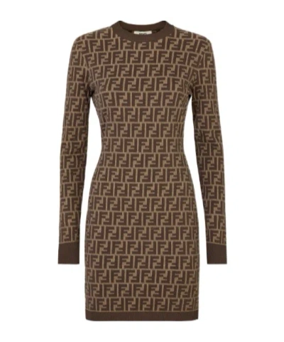 Fendi Zucca Long-sleeved Minidress In Brown