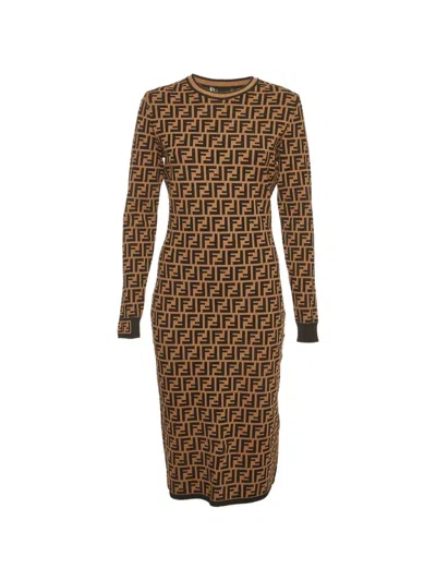 Pre-owned Fendi Zucca Long-sleeve Midi Dress In Brown