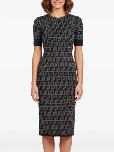 Pre-owned Fendi Zucca Monogram Intarsia Knittd Midi Dress In Grey