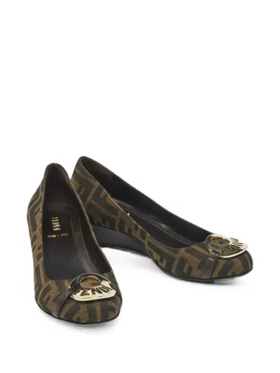 Pre-owned Fendi Zucca Monogram Wedge Pumps In Brown