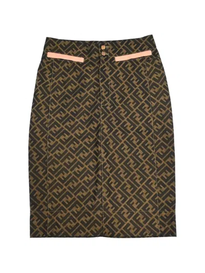 Pre-owned Fendi Zucca Monogram-printed Straight Midi Skirt In Brown