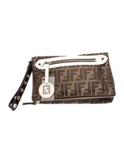 Pre-owned Fendi Zucca Nylon Fold-over Clutch W/ Tags In Brown