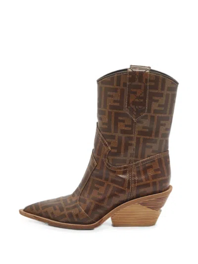 Pre-owned Fendi Zucca Pointed Toe Ankle Boots In Brown