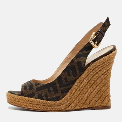 Pre-owned Fendi Zucca Size 37.5 Brown Canvas Wedge Slingback Espadrille Sandals