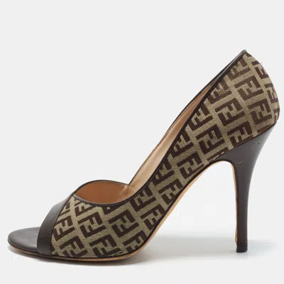Pre-owned Fendi Zucca Size 38.5 Brown Ff Canvas And Leather Peep Toe Pumps