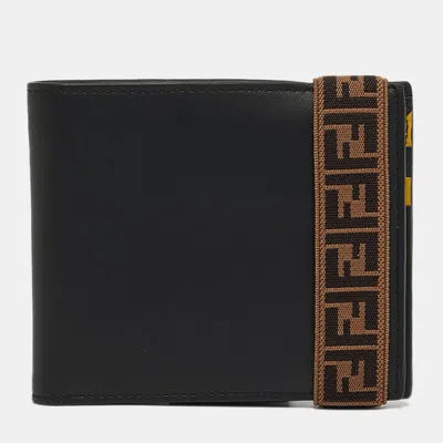Pre-owned Fendi Zucca Strap Black Leather Bifold Wallet