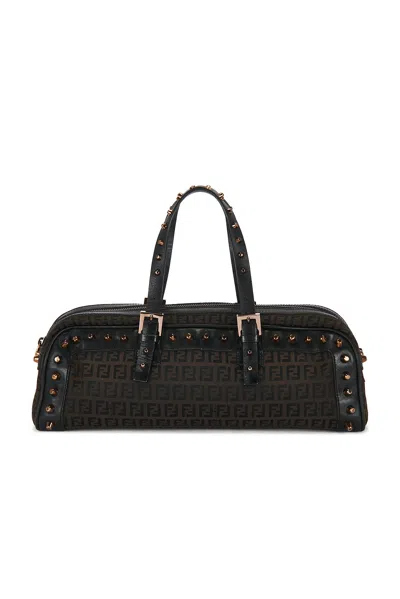 Pre-owned Fendi Zucca Studded Barrel Shoulder Bag In Black