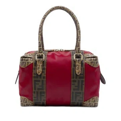 Pre-owned Fendi Zucca Trimmed Coated Canvas Mixed Media Boston Bag In Red