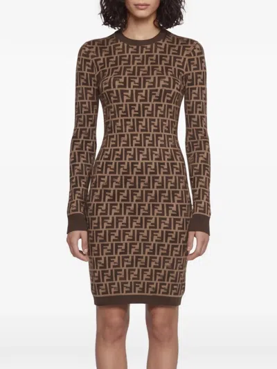 Pre-owned Fendi Zucca-jacquard Mini Dress In Brown