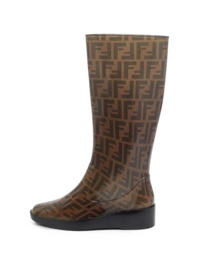 Pre-owned Fendi Zucca-monogram Rain Boots In Brown