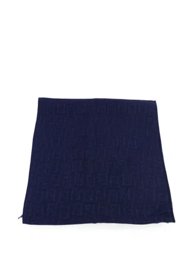 Pre-owned Fendi Zucca-pattern Fringed Scarf In Blue