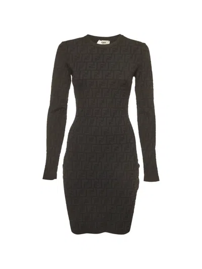 Pre-owned Fendi Zucca-pattern Long-sleeve Mini Dress In Black