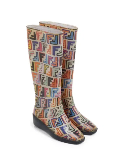 Pre-owned Fendi Zucca-pattern Rain Boots In White