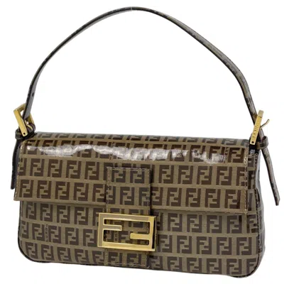 Pre-owned Fendi Zucchino Beige Brown Coated Canvas Leather Shoulder Bag () In Beige, Brown