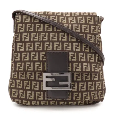 Pre-owned Fendi Zucchino Beige Dark Brown Khaki Canvas Leather Pochette Shoulder Bag () In Beige, Dark Brown, Khaki