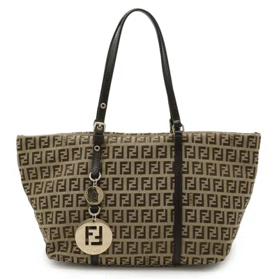 Pre-owned Fendi Zucchino Beige Dark Brown Zucchino Canvas Leather Handbag Tote Bag ()